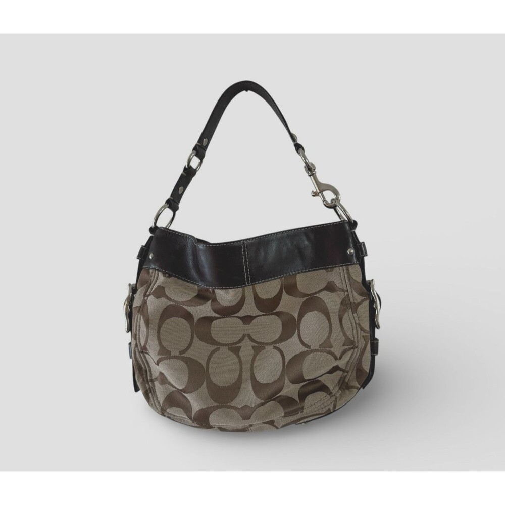 Coach EUC Brown Tan Signature Jacquard Zoe Hobo Handbag Shoulder Purse READ - Picture 2 of 16